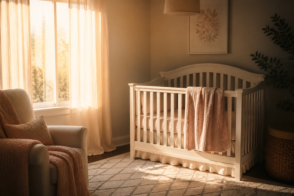 Chambre de bébé au lever du jour, lumière dorée entrant par les rideaux sur le berceau