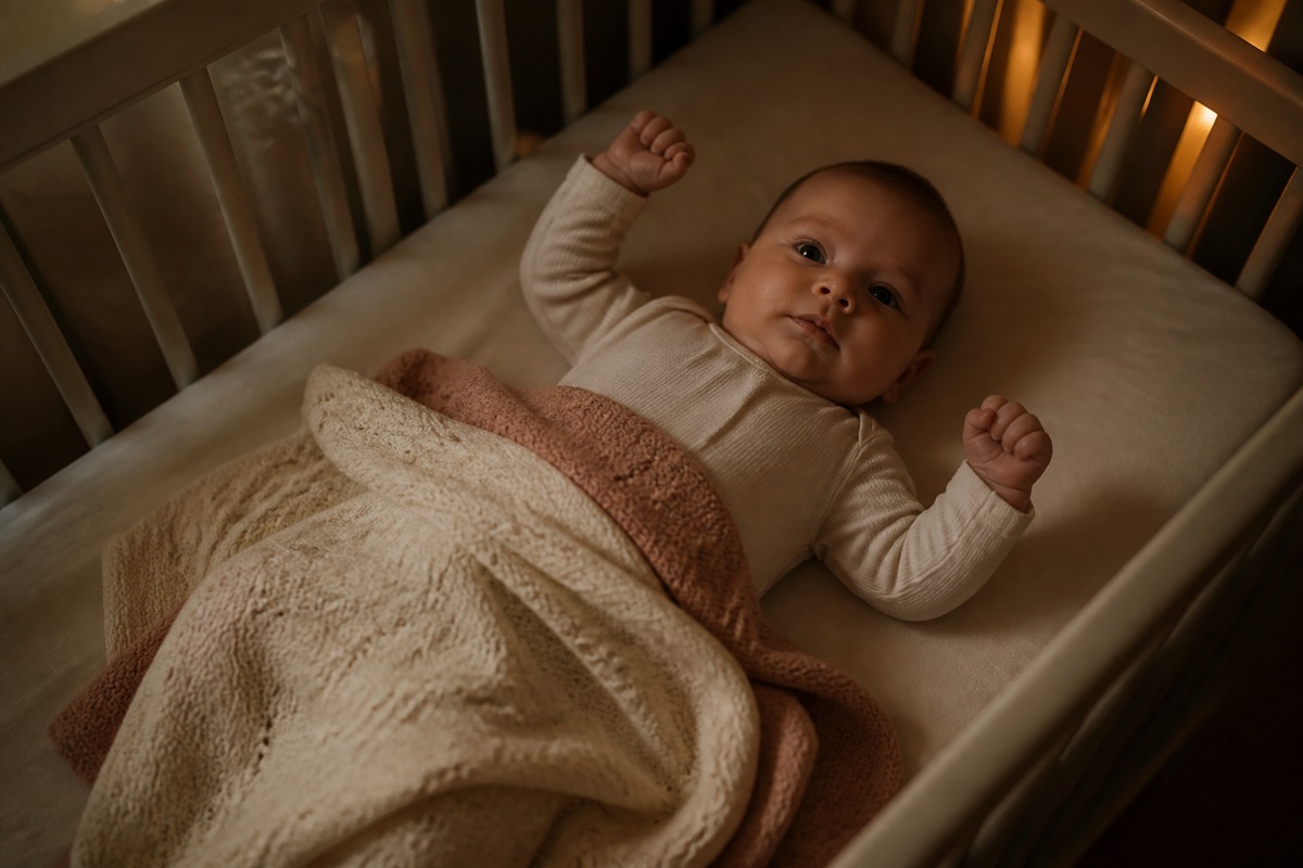 Bébé éveillé dans son lit à barreaux, la nuit, dans une lumière douce