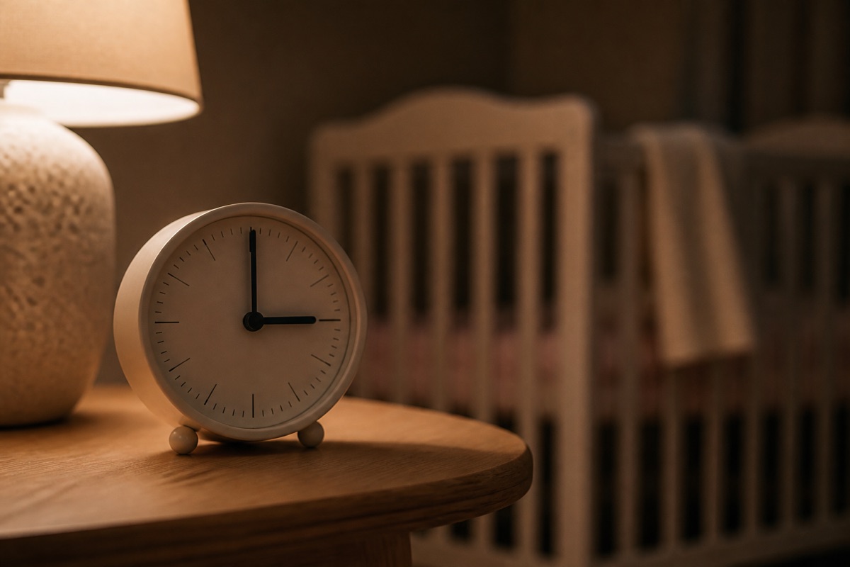 Réveil affichant 3 heures du matin sur une table de nuit, lit de bébé en arrière-plan