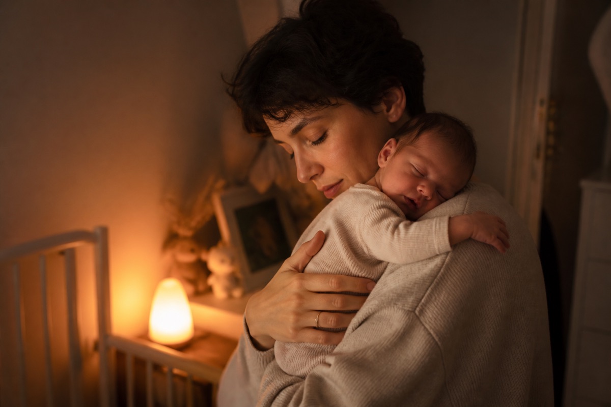 Parent apaisant son bébé dans les bras, la nuit, sous une veilleuse chaude